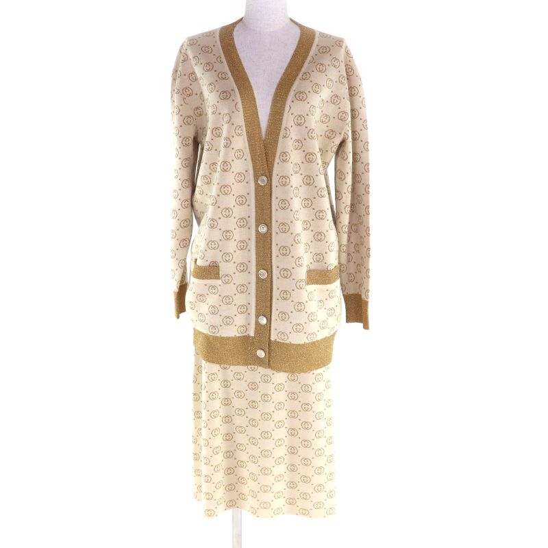 Gucci 605910 605923 Interlocking G Lame Knit Cardigan + Skirt Setup Suit Beige