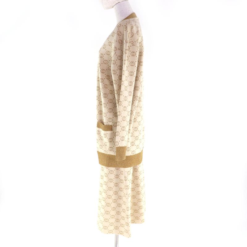 Gucci 605910 605923 Interlocking G Lame Knit Cardigan + Skirt Setup Suit Beige