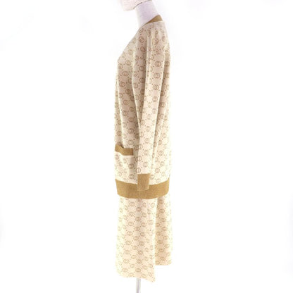 Gucci 605910 605923 Interlocking G Lame Knit Cardigan + Skirt Setup Suit Beige