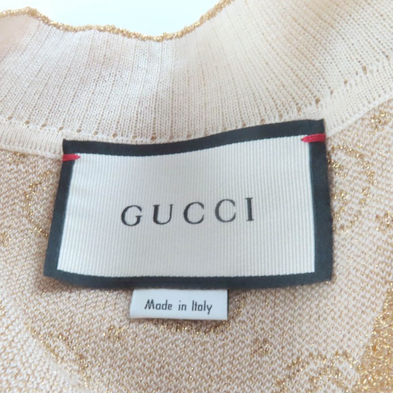 Gucci 605910 605923 Interlocking G Lame Knit Cardigan + Skirt Setup Suit Beige