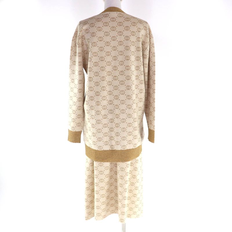 Gucci 605910 605923 Interlocking G Lame Knit Cardigan + Skirt Setup Suit Beige