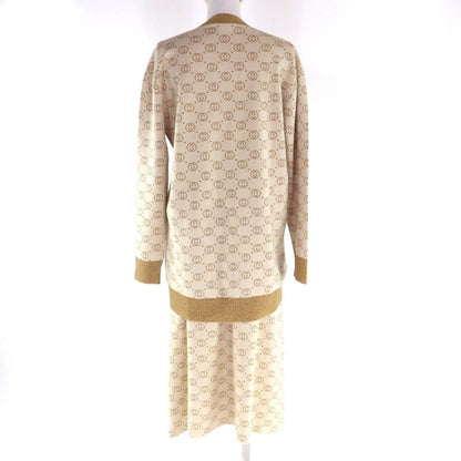 Gucci 605910 605923 Interlocking G Lame Knit Cardigan + Skirt Setup Suit Beige