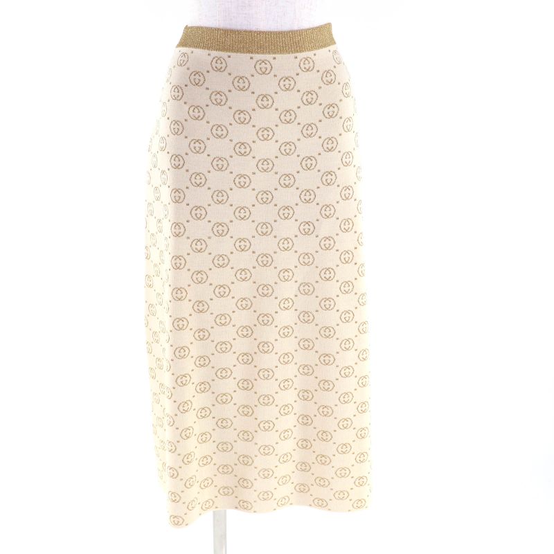 Gucci 605910 605923 Interlocking G Lame Knit Cardigan + Skirt Setup Suit Beige