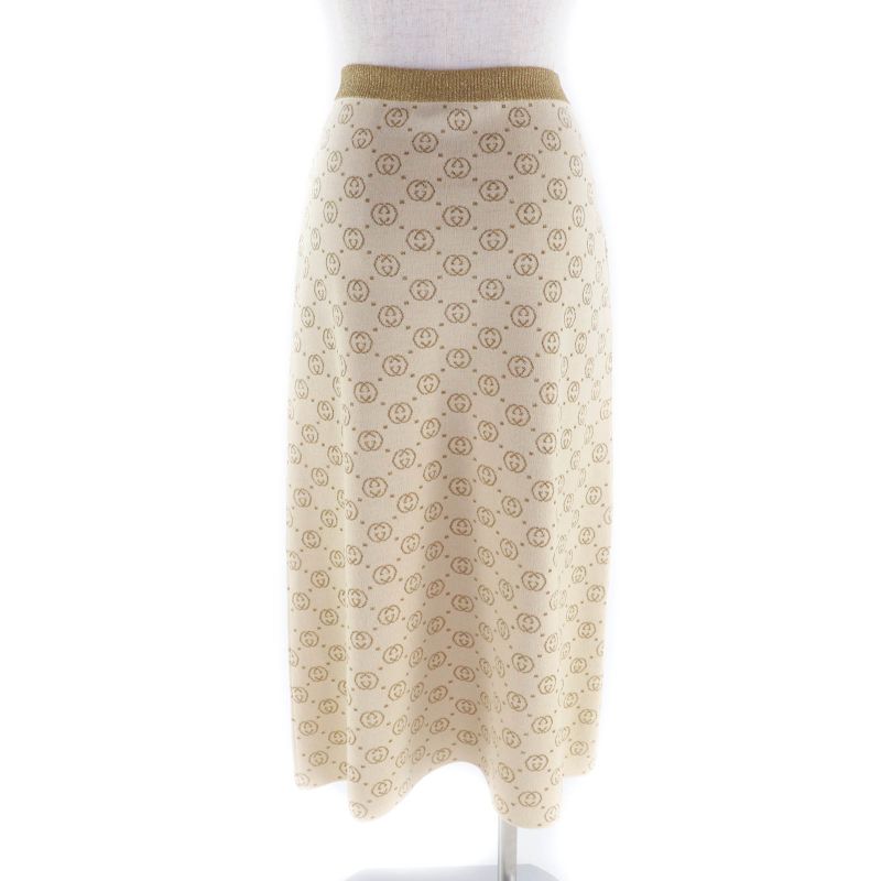Gucci 605910 605923 Interlocking G Lame Knit Cardigan + Skirt Setup Suit Beige