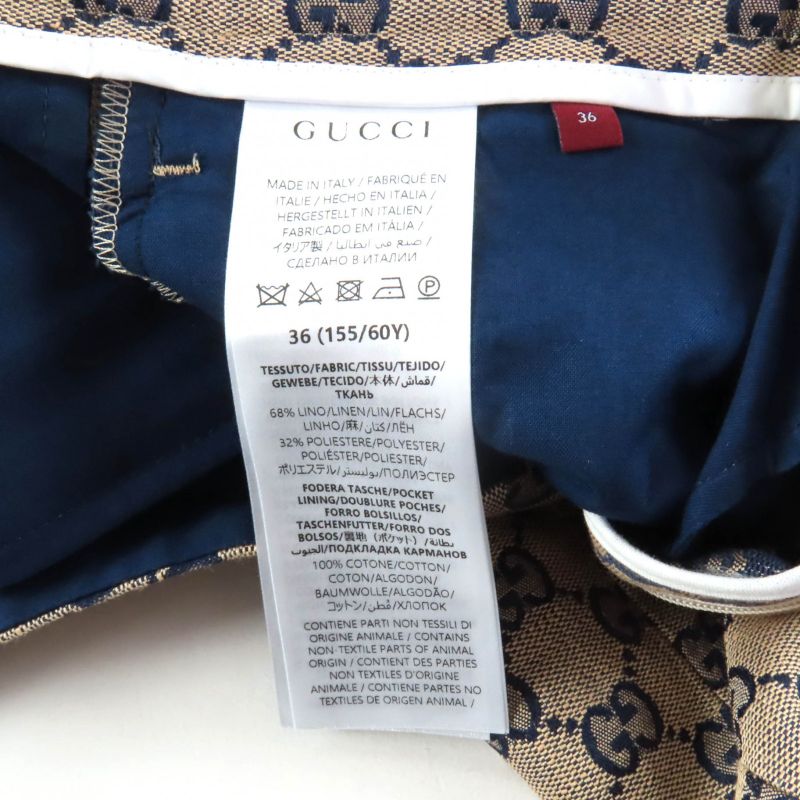 Gucci 786389 Linen Blend GG Jacquard Center Press Pants Beige Navy 36 Made in