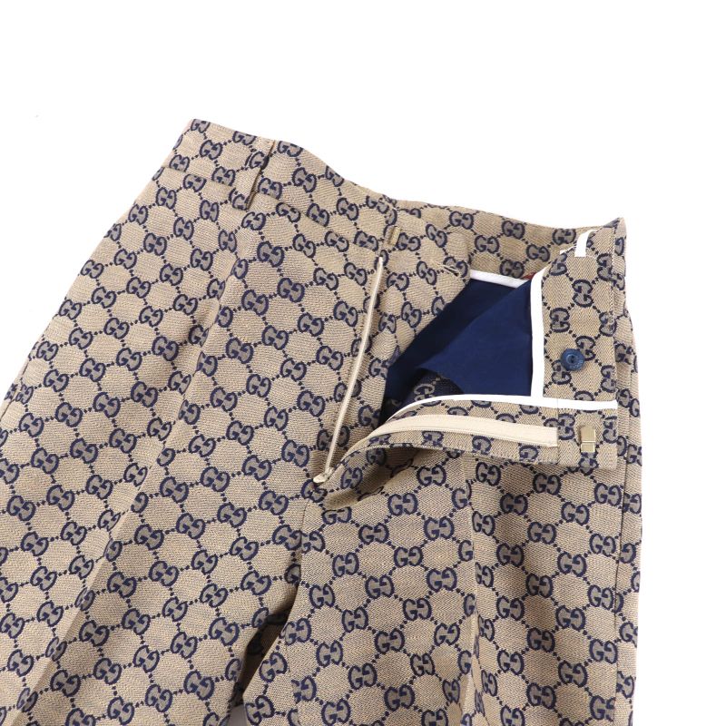 Gucci 786389 Linen Blend GG Jacquard Center Press Pants Beige Navy 36 Made in