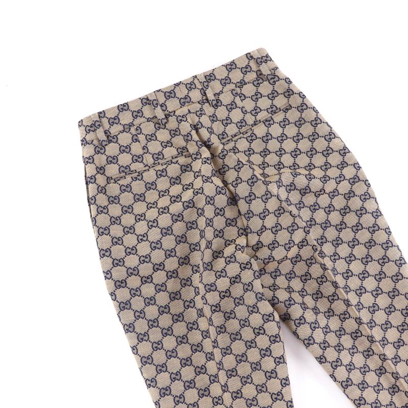 Gucci 786389 Linen Blend GG Jacquard Center Press Pants Beige Navy 36 Made in