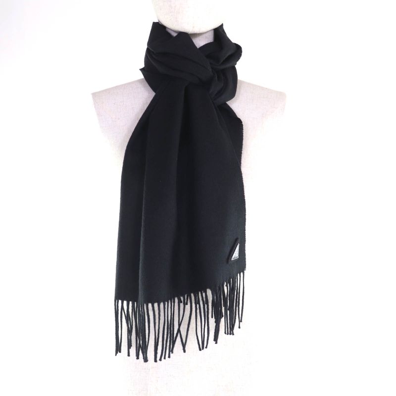 Prada 2023 1fs047 Silk Cashmere Blend Fringe Scarf with Triangle Logo Plate
