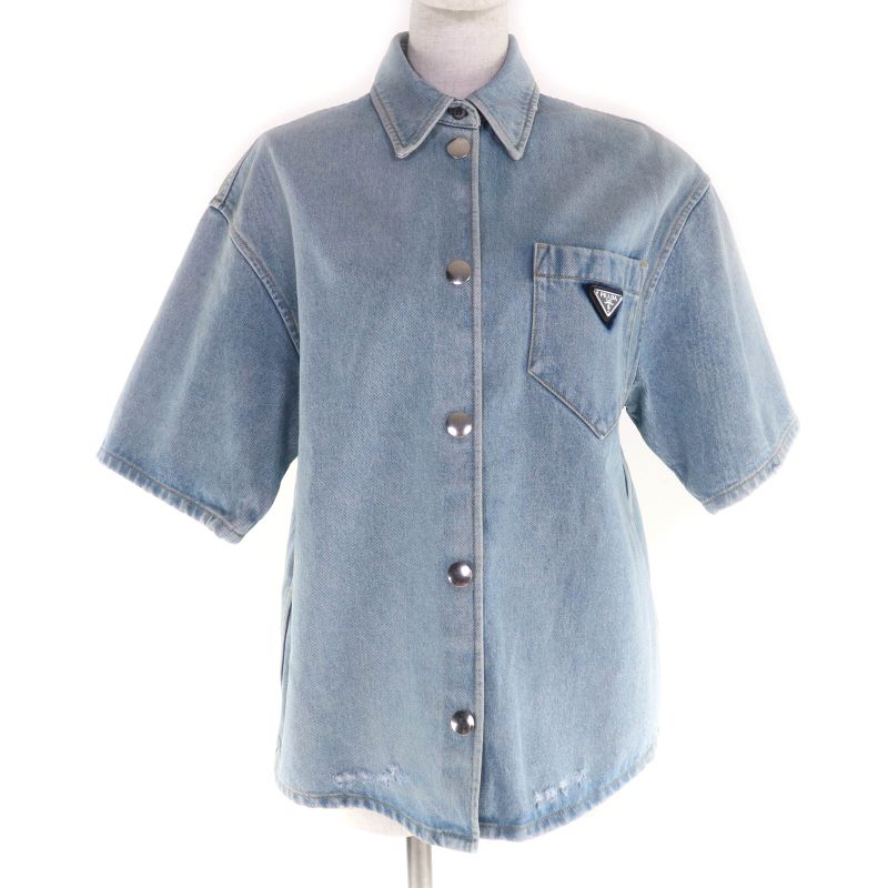 Prada 22ss Gfc037 Organic Denim Shirt 100% Cotton Navy Damaged Short Sleeves