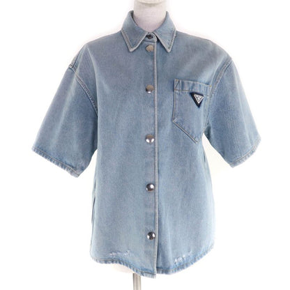Prada 22ss Gfc037 Organic Denim Shirt 100% Cotton Navy Damaged Short Sleeves