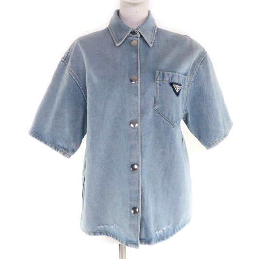 Prada 22ss Gfc037 Organic Denim Shirt 100% Cotton Navy Damaged Short Sleeves