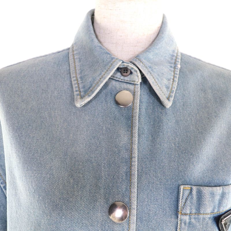 Prada 22ss Gfc037 Organic Denim Shirt 100% Cotton Navy Damaged Short Sleeves