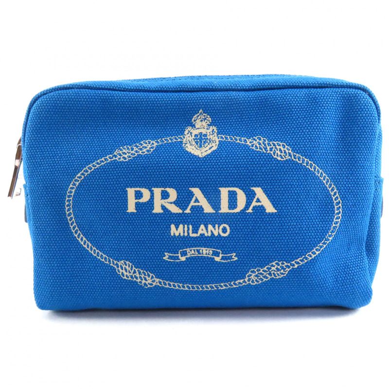 Prada 1na021 Canapalogo Leather Use Logo Print Striped Canvas Pouch Blue
