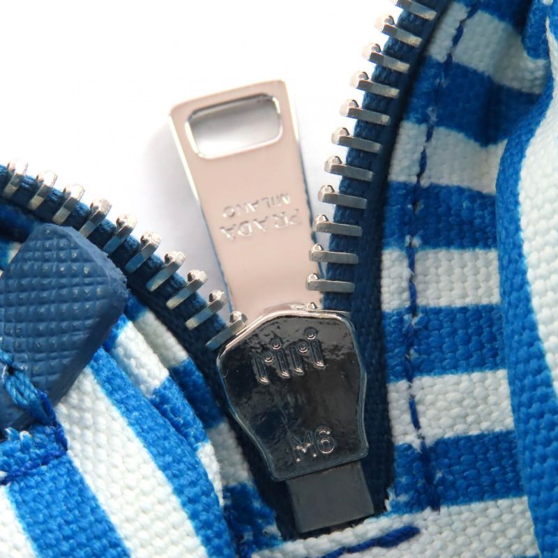 Prada 1na021 Canapalogo Leather Use Logo Print Striped Canvas Pouch Blue