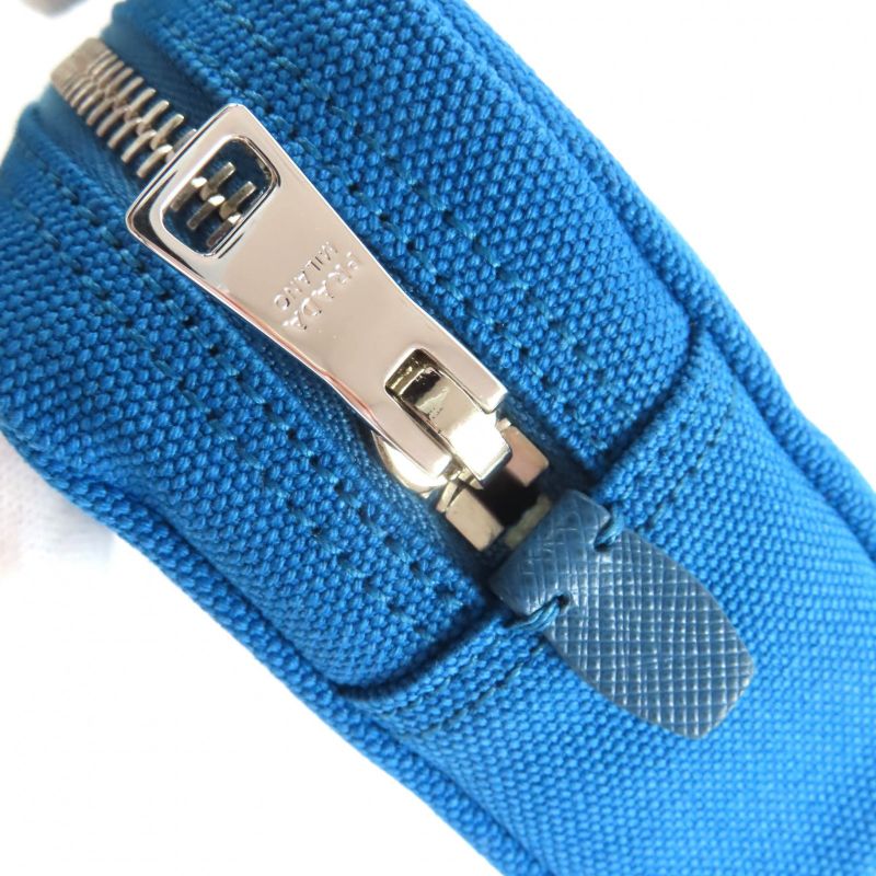 Prada 1na021 Canapalogo Leather Use Logo Print Striped Canvas Pouch Blue