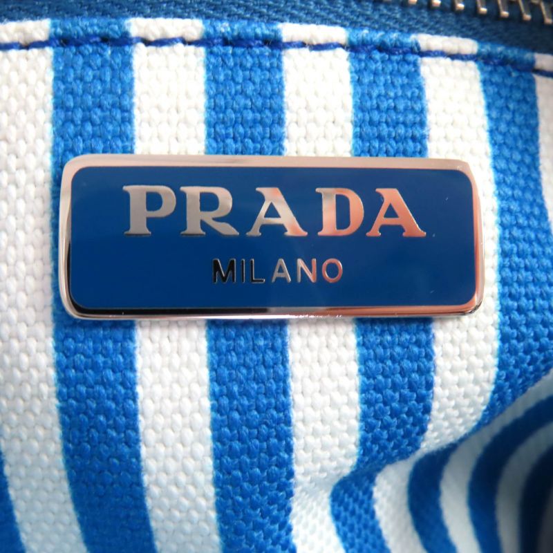 Prada 1na021 Canapalogo Leather Use Logo Print Striped Canvas Pouch Blue