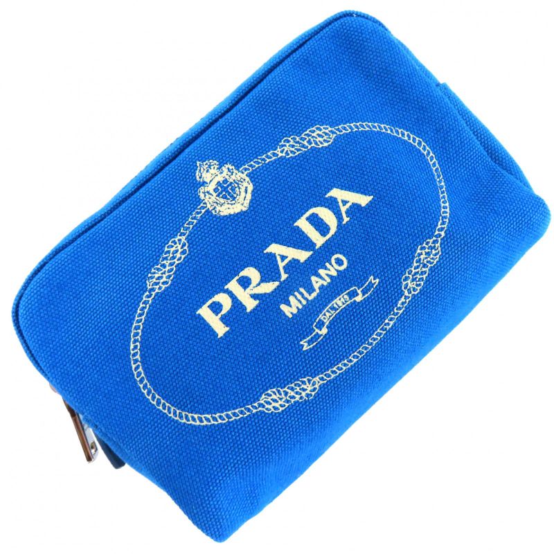 Prada 1na021 Canapalogo Leather Use Logo Print Striped Canvas Pouch Blue