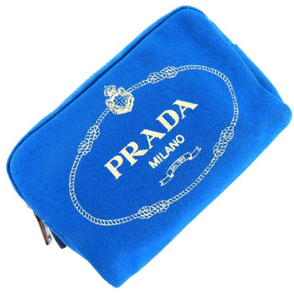 Prada 1na021 Canapalogo Leather Use Logo Print Striped Canvas Pouch Blue