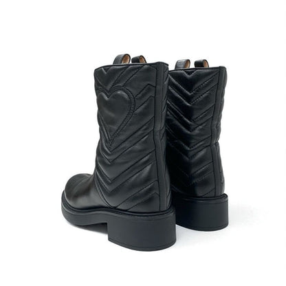 Gucci Boots Short Shoes Leather Black Double G Heart Quilting