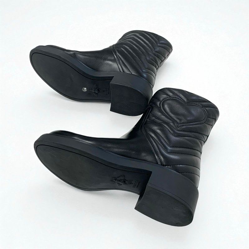 Gucci Boots Short Shoes Leather Black Double G Heart Quilting