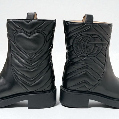 Gucci Boots Short Shoes Leather Black Double G Heart Quilting