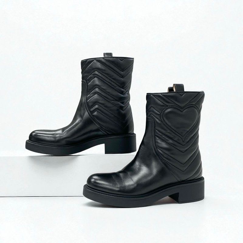 Gucci Boots Short Shoes Leather Black Double G Heart Quilting