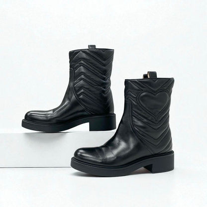 Gucci Boots Short Shoes Leather Black Double G Heart Quilting