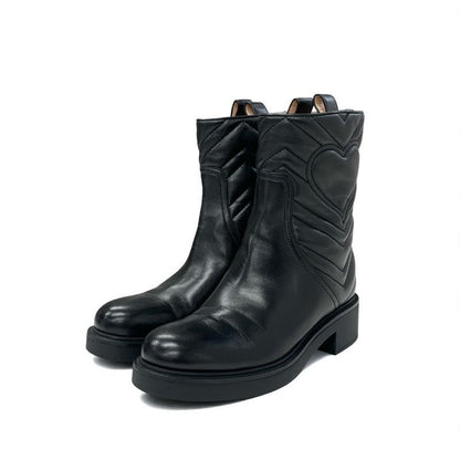 Gucci Boots Short Shoes Leather Black Double G Heart Quilting