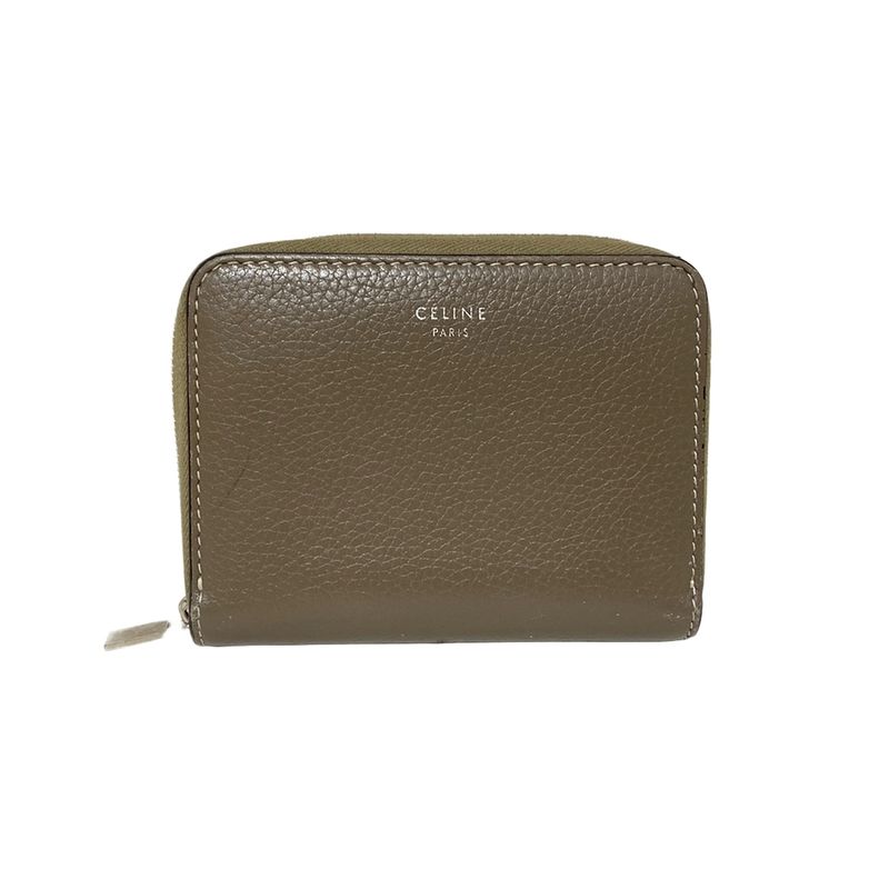 Celine Coin Case Compact Zipped Wallet Gray Beige Round Zipper Leather