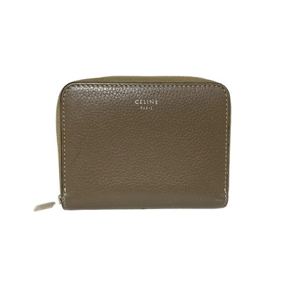 Celine Coin Case Compact Zipped Wallet Gray Beige Round Zipper Leather