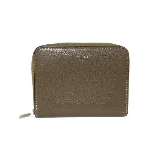 Celine Coin Case Compact Zipped Wallet Gray Beige Round Zipper Leather