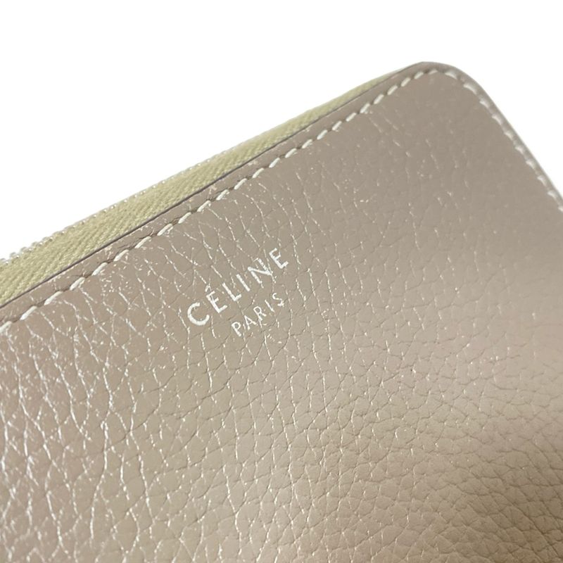 Celine Coin Case Compact Zipped Wallet Gray Beige Round Zipper Leather