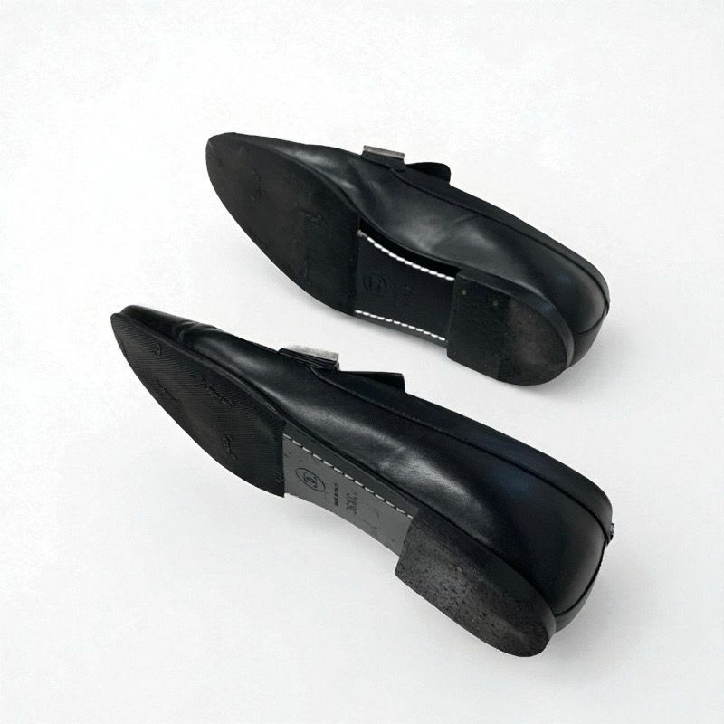 Chanel Loafer Leather Shoes Black Coco Mark Pearl Chain Flat