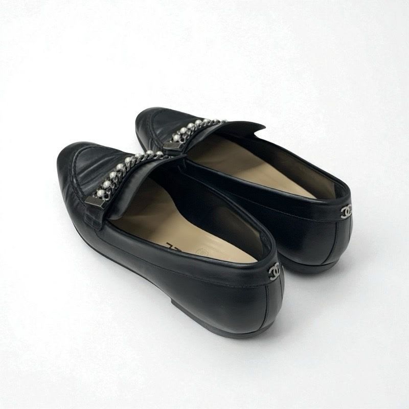 Chanel Loafer Leather Shoes Black Coco Mark Pearl Chain Flat