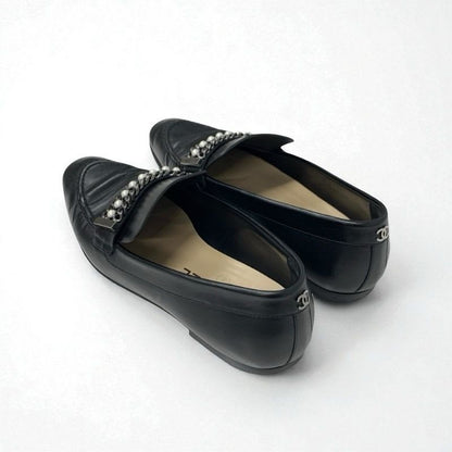 Chanel Loafer Leather Shoes Black Coco Mark Pearl Chain Flat