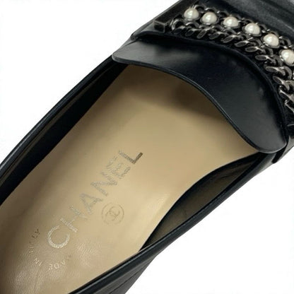 Chanel Loafer Leather Shoes Black Coco Mark Pearl Chain Flat