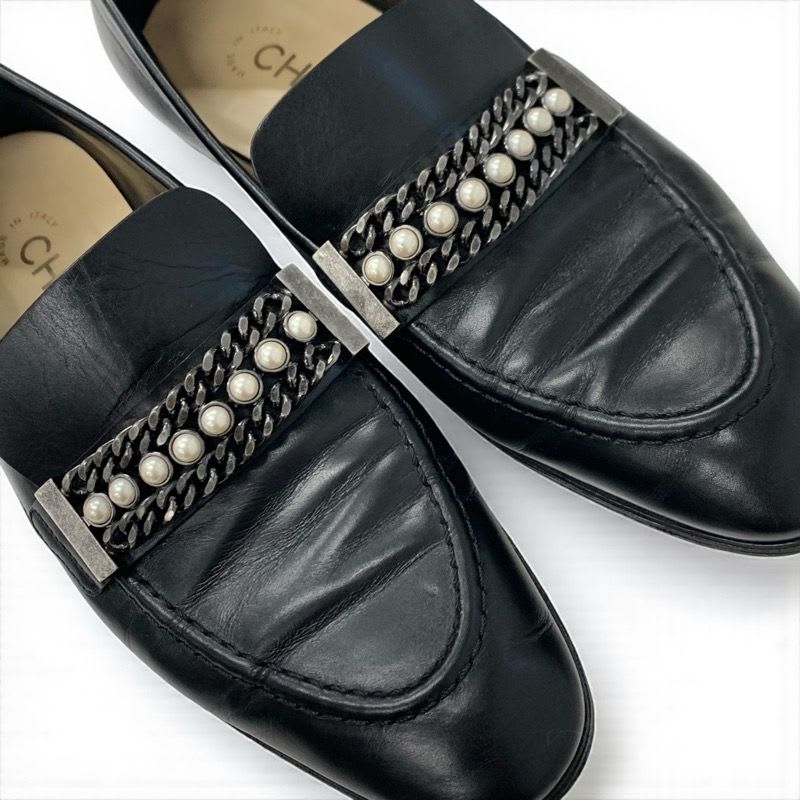 Chanel Loafer Leather Shoes Black Coco Mark Pearl Chain Flat