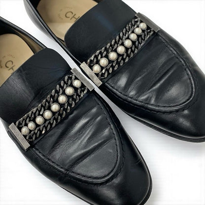 Chanel Loafer Leather Shoes Black Coco Mark Pearl Chain Flat