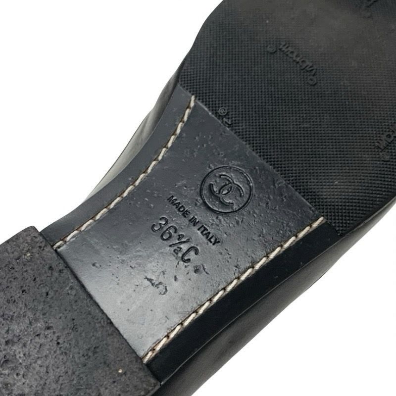 Chanel Loafer Leather Shoes Black Coco Mark Pearl Chain Flat