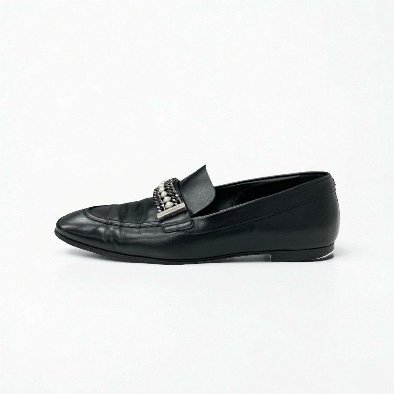 Chanel Loafer Leather Shoes Black Coco Mark Pearl Chain Flat