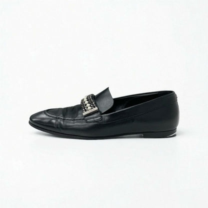 Chanel Loafer Leather Shoes Black Coco Mark Pearl Chain Flat