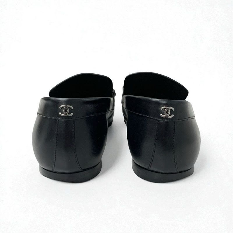 Chanel Loafer Leather Shoes Black Coco Mark Pearl Chain Flat