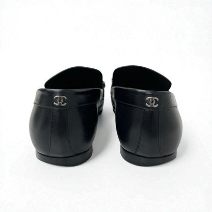 Chanel Loafer Leather Shoes Black Coco Mark Pearl Chain Flat