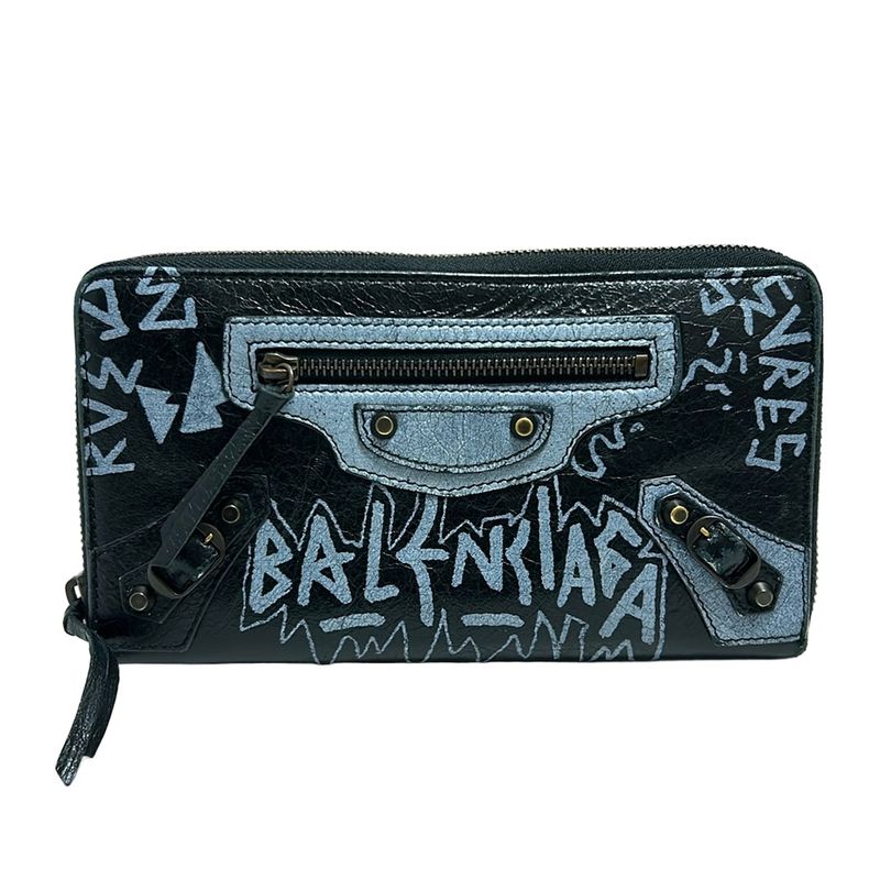 Balenciaga Long Wallet Classic Continental Zip 253036 Black and Light Blue