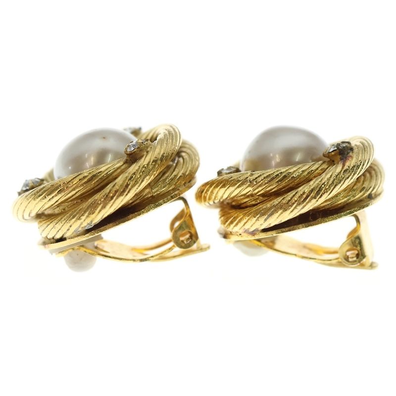 Chanel Faux Pearl Rhinestone Round Earrings Gold