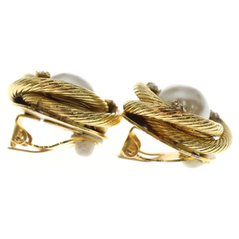 Chanel Faux Pearl Rhinestone Round Earrings Gold