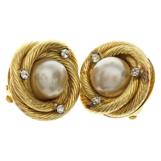 Chanel Faux Pearl Rhinestone Round Earrings Gold