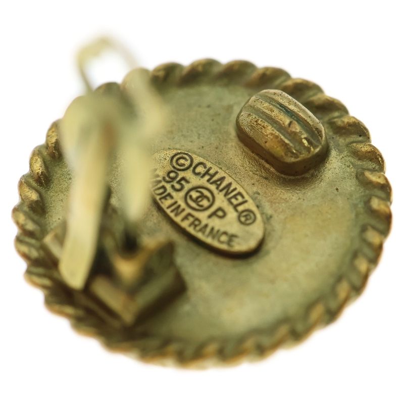 Chanel Coco Mark Round Earrings Gold Black GP 95p