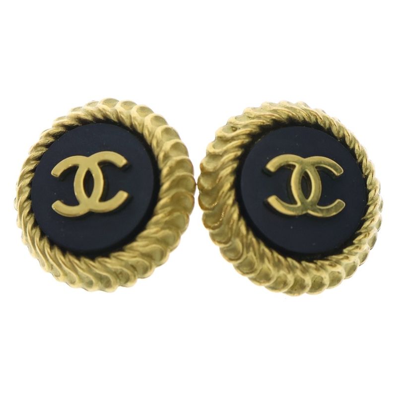 Chanel Coco Mark Round Earrings Gold Black GP 95p