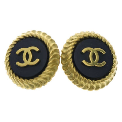 Chanel Coco Mark Round Earrings Gold Black GP 95p